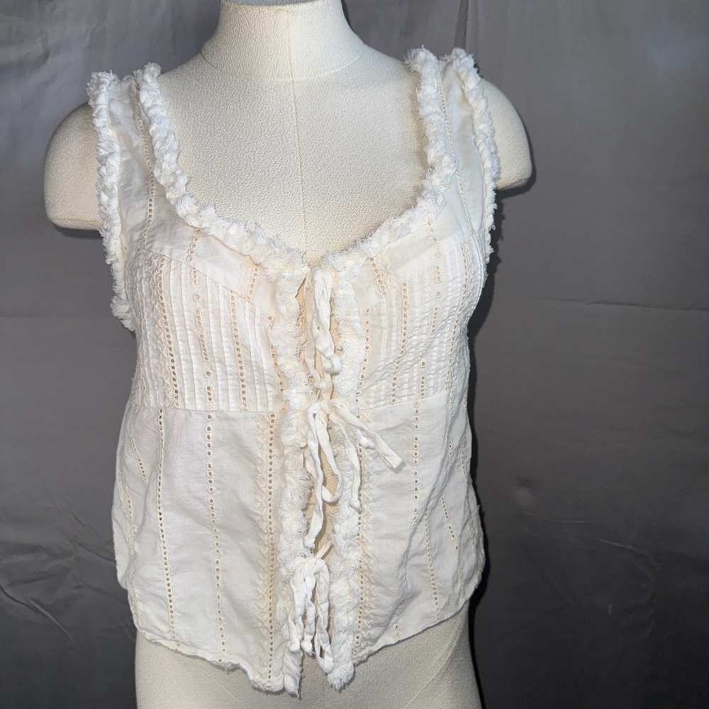 ZARA Women Cream Eyelet Tie Front Ruffle Trim Sleeveless Top Size S Chic - Picture 2 of 11